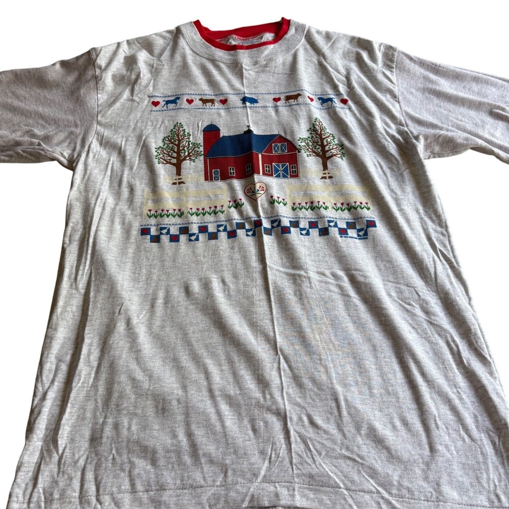 Vintage 90s Barn Farm Scene T-Shirt Gray Red Ringer Large Americana